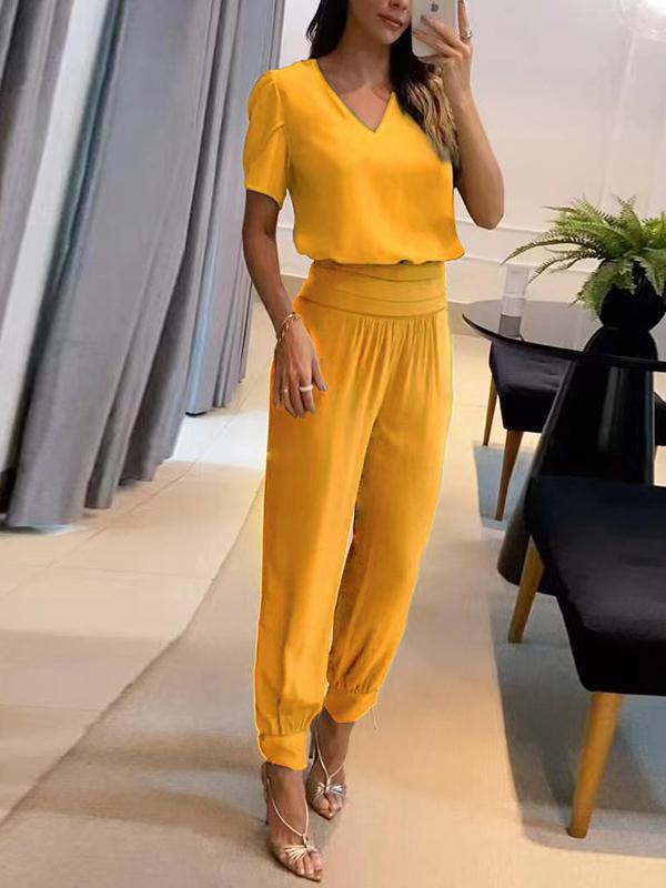 Fashion Casual V-neck Printed Short-sleeved Pant Suit Two-piece Yellow