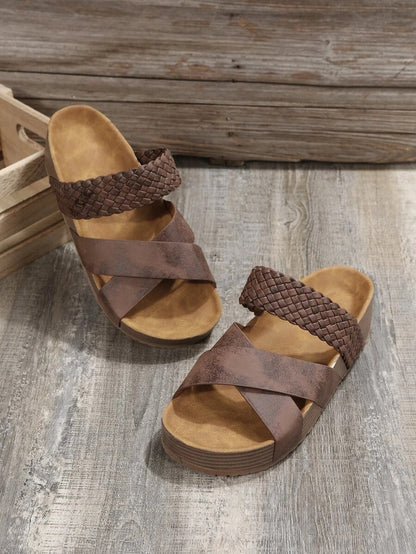 Vacation Wedges Slide Sandals For Women, Braid Detail Criss Cross Sandals