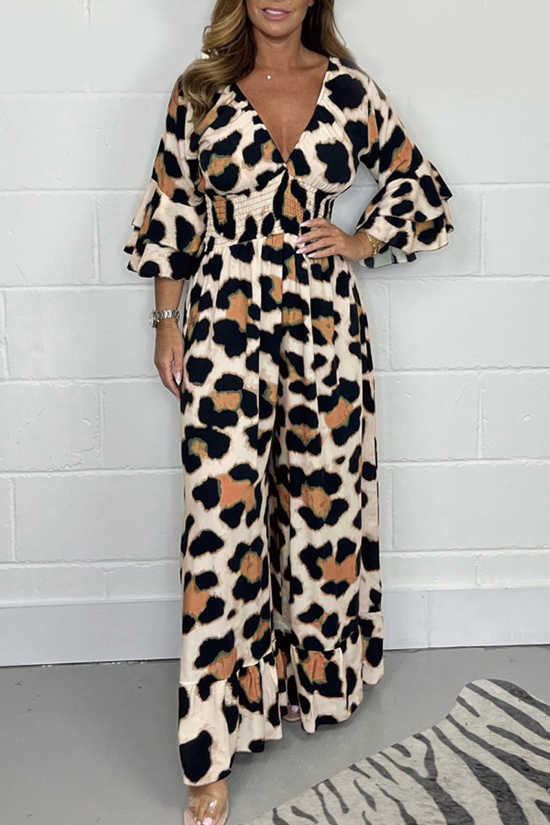 Leopard print V-neck jumpsuit Orange