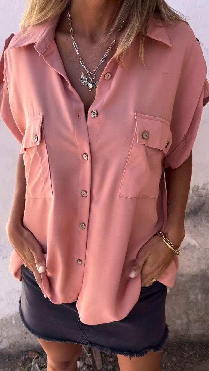 Short-sleeved Lapel Shirt with Double Pockets pink