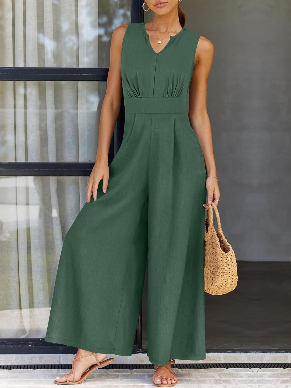 Casual V-neck Sleeveless Jumpsuit green