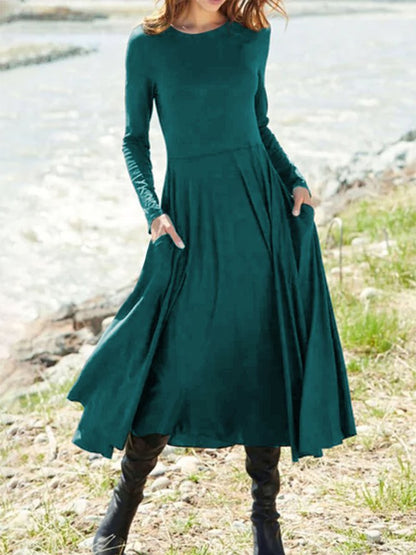 Crew Neck Plain Jersey Casual Midi Dress Dark Green