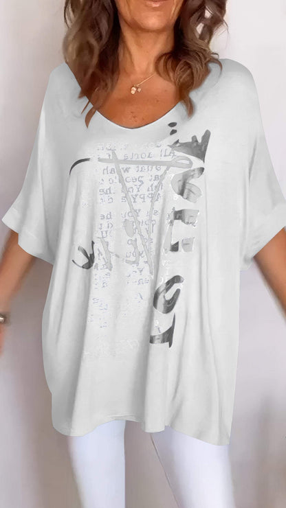 Women's V-neck Printed Mid-sleeve Casual Top