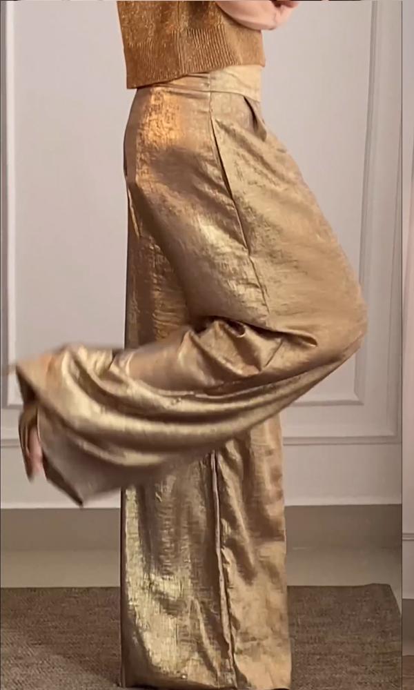 Women's Smooth Satin Half-sleeved Top and Pant Suit Two-piece pant gold