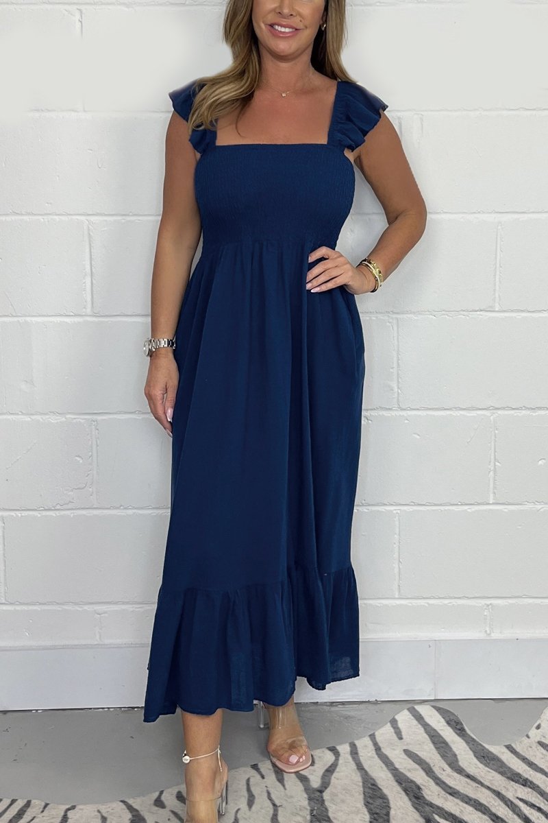 Edge Smocked Midi Dress Navy blue