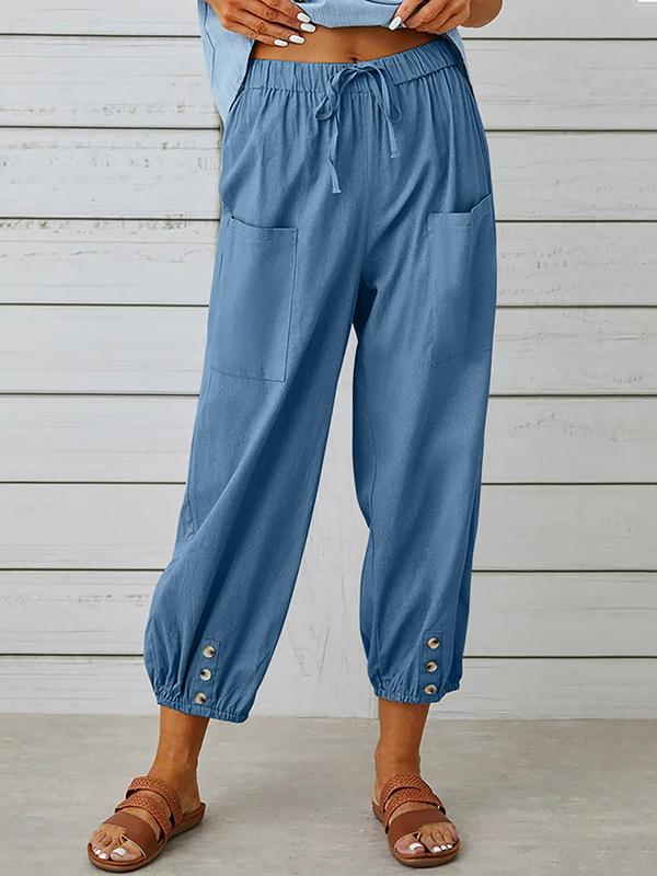 Women's pants High-waisted buttoned cotton hemp pants nine-point pants wide-legged Denim blue