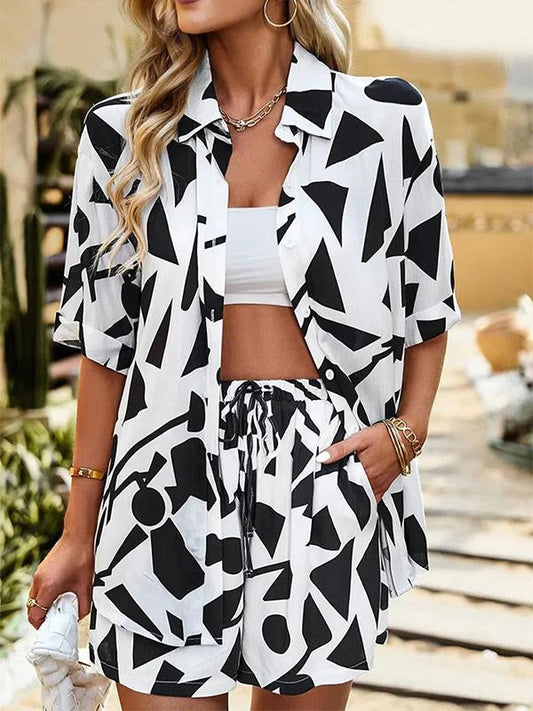 Fashion Print Suit Women's Loose Casual Shirt Shorts Two-piece Set White