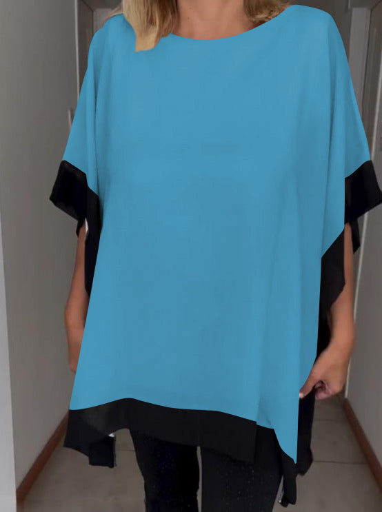 Contrast color patchwork casual top blue