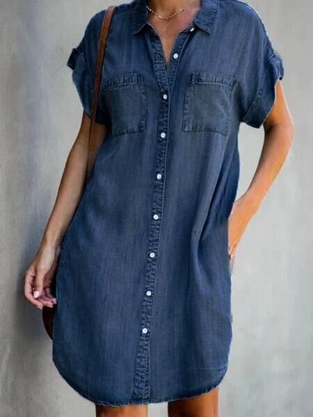 Short Sleeved Slim Fitting Denim Dress dark blue