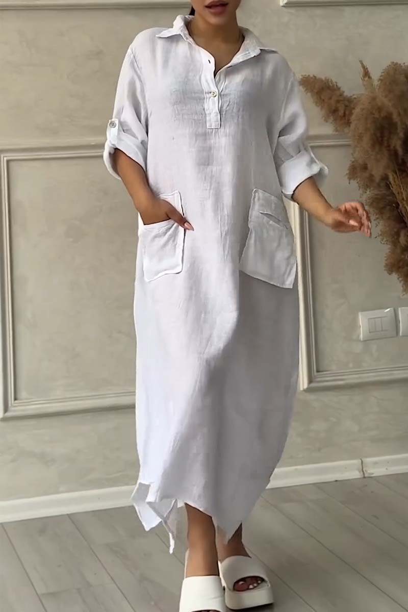 Half button lapel cotton and linen dress White