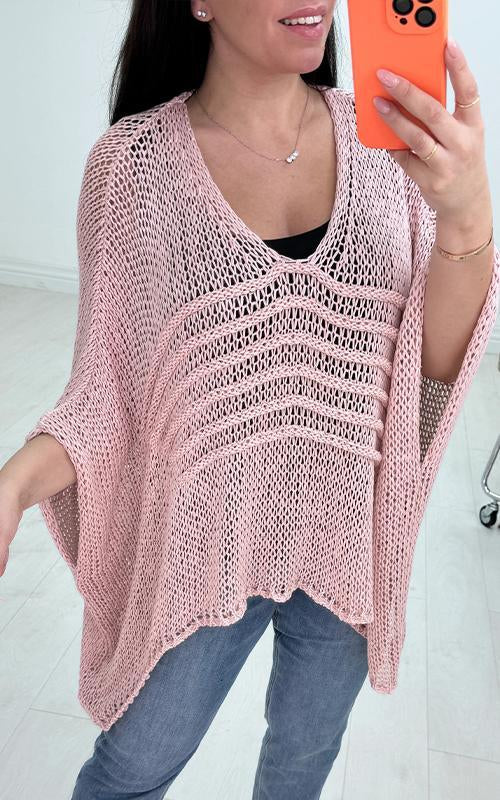 V-neck Hollow Bat Sleeve Blouse Pink