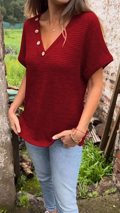 Knitted Cotton and Linen V-neck Top burgundy