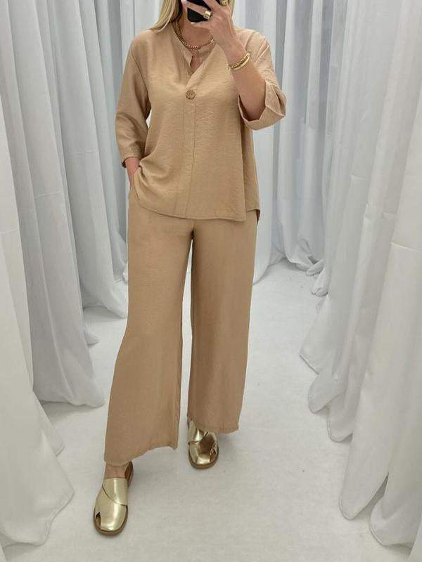 Casual V-neck Cotton and Linen Suit apricot