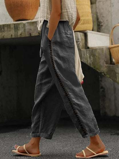 Loose Casual Hollow Out Lace Pockets Drawstring Waist Plain Linen Pants dark gray