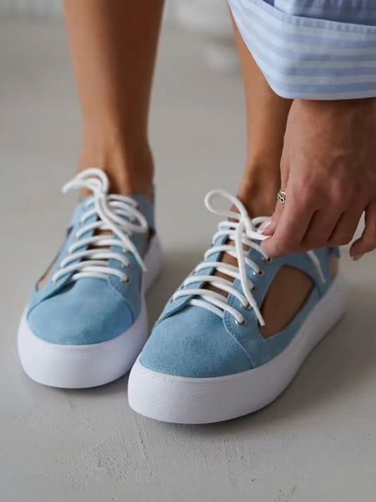 Casual Round Toe Lace-up Canvas Shoes with Velcro Straps blue