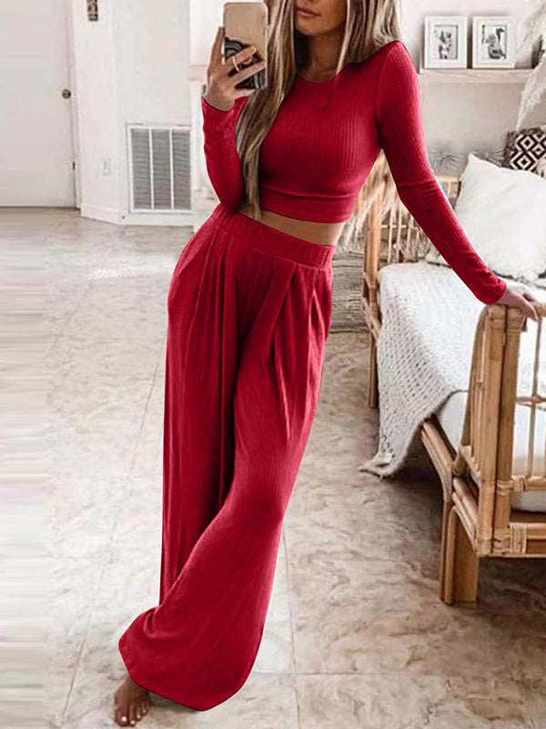 Solid color knitted casual home two-piece suit for women Burgundy