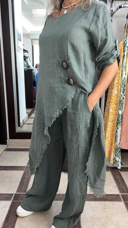 Women's Lapel Mid-length Sleeve Irregular Cotton and Linen Suit