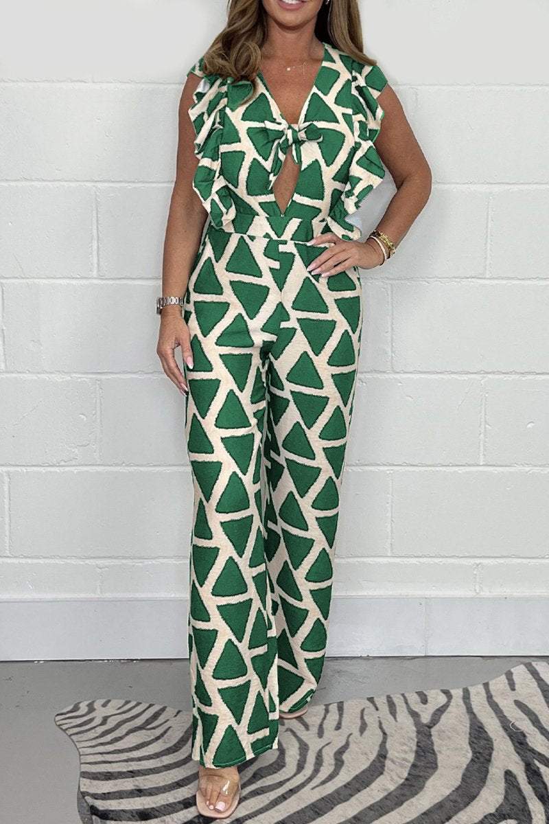 Print Ruffle Sleeveless Knot Middle Jumpsuit Green