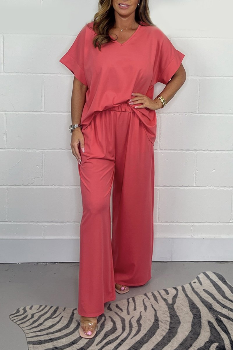 Satin V-neck casual suit Coral