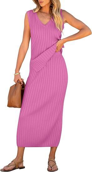 Women's V-neck Sleeveless Ribbed Skirt Suit