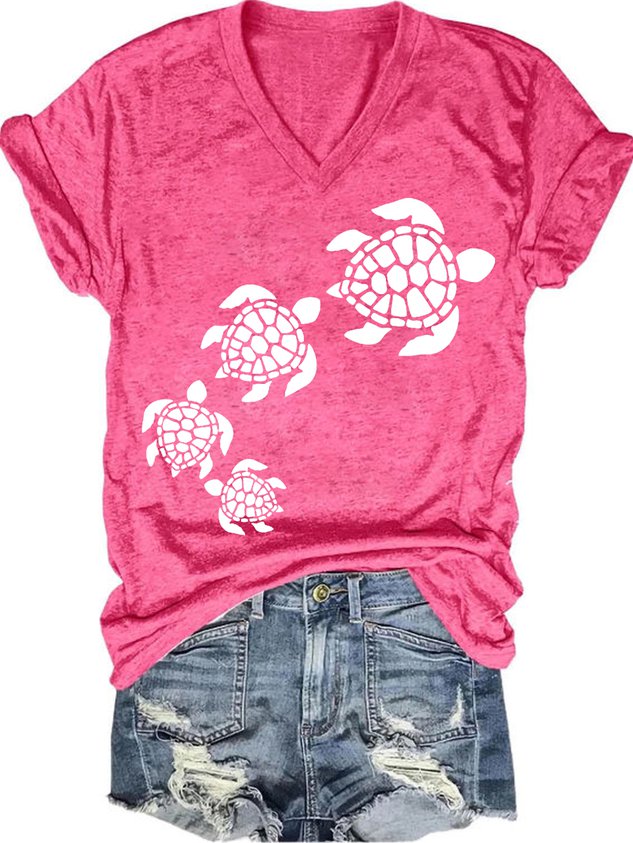 Nature Lover Sea Turtle Beach Casual V Neck Short Sleeve T-Shirt Pink