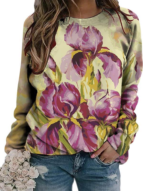 Casual Round Neck Colorful Printed Long Sleeve Top yellow