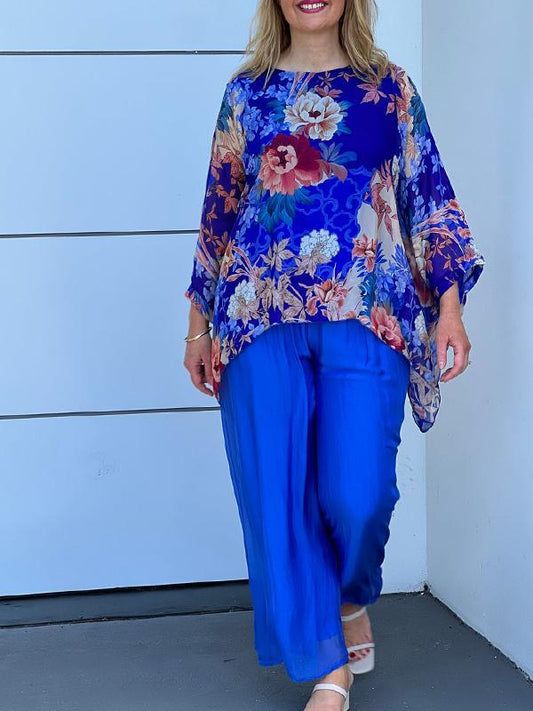 Round Neck Long Sleeve Chiffon Printed Suit blue