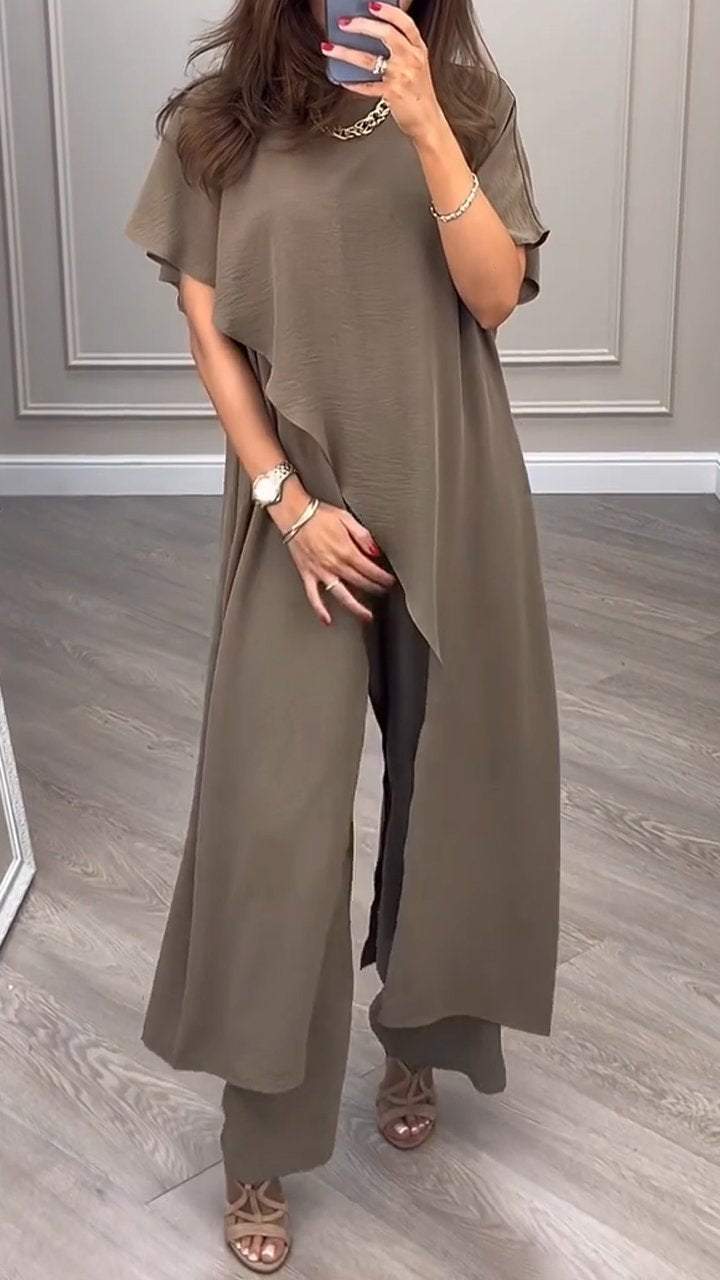 Round Neck Slit Long Top + Wide Leg Pants Two-piece Suit