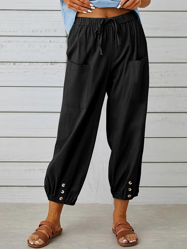 Women's pants High-waisted buttoned cotton hemp pants nine-point pants wide-legged Black