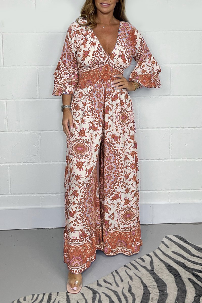 V-neck printed jumpsuit Red