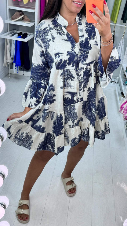 V-neck Printed Dress with Half Sleeves dark blue