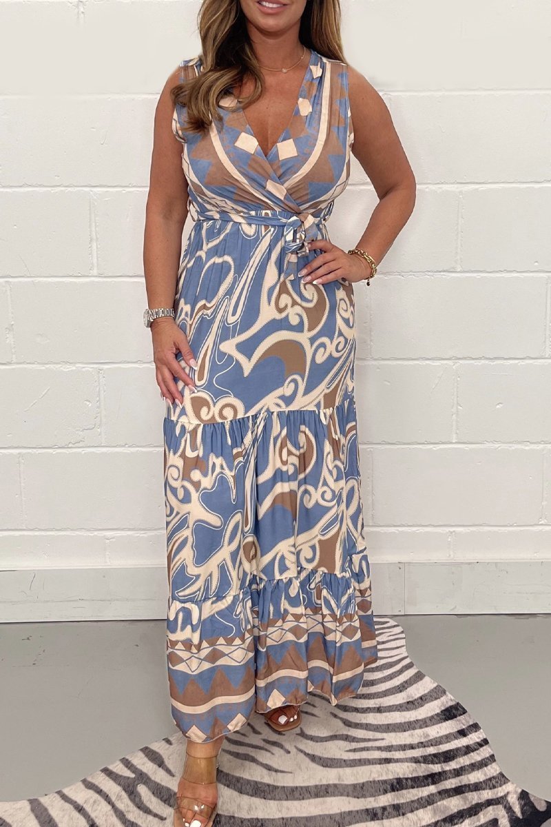 V-neck printed long dress Blue