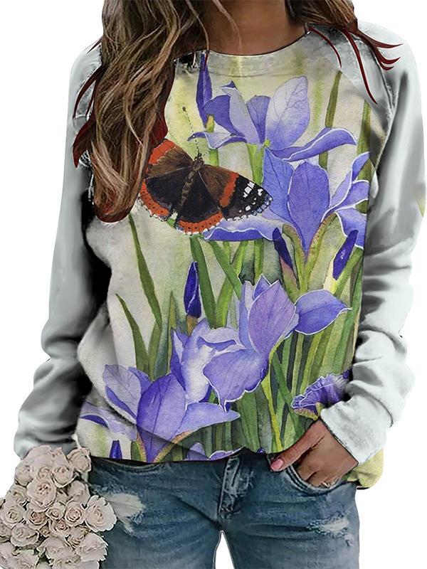 Casual Round Neck Colorful Printed Long Sleeve Top purple