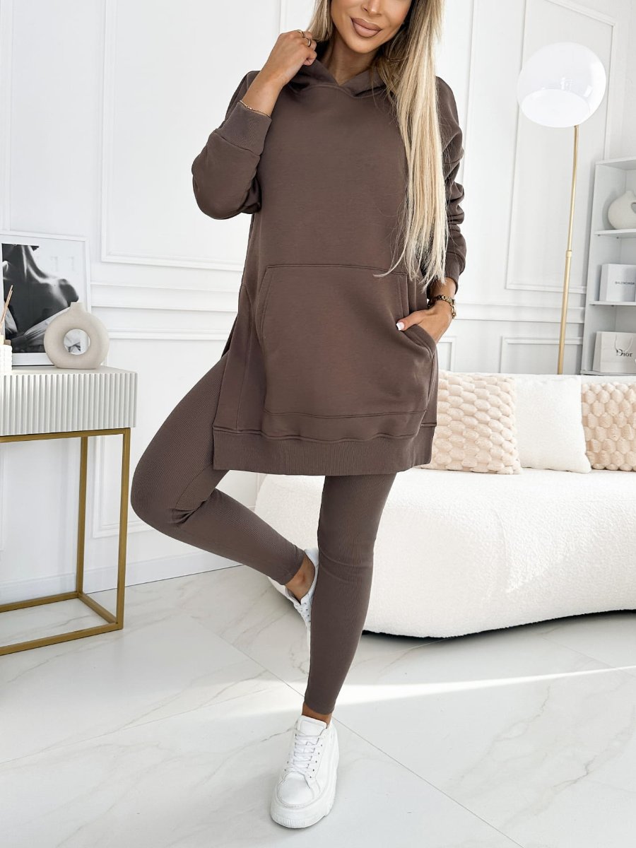 (S-5XL) Plus Size Women's Fashion Solid Color Hoodie and Lined Leggings two-piece set TOP+PANTS Coffee