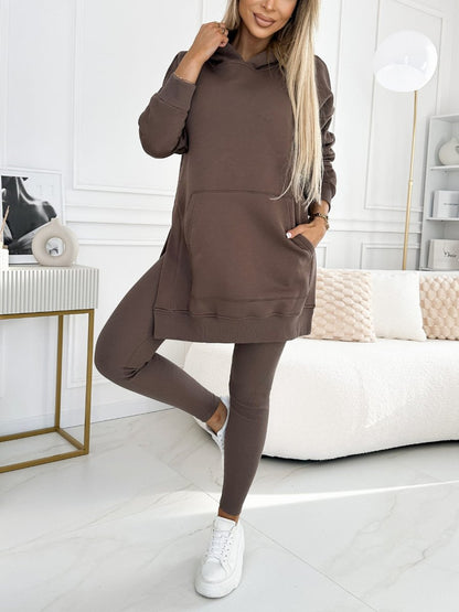 (S-5XL) Plus Size Women's Fashion Solid Color Hoodie and Lined Leggings two-piece set TOP+PANTS Coffee