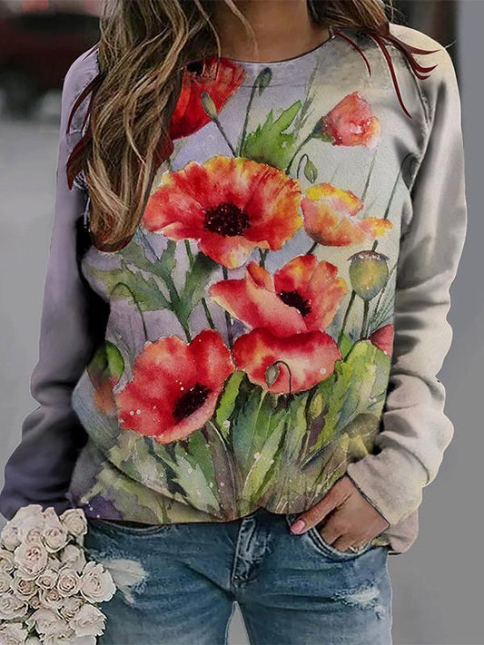 Casual Round Neck Colorful Printed Long Sleeve Top grey