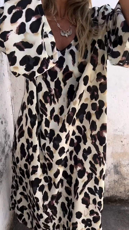 V-neck Leopard Print Casual Dress