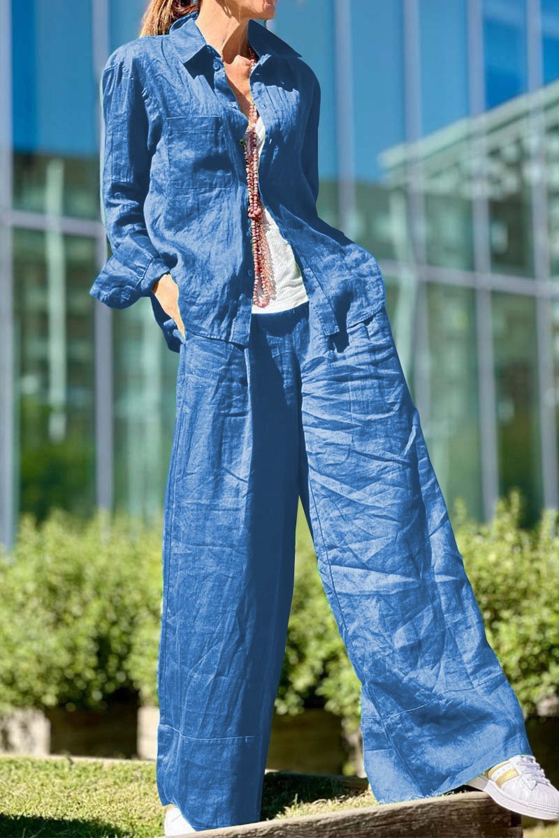 Casual solid color cotton and linen suit Blue