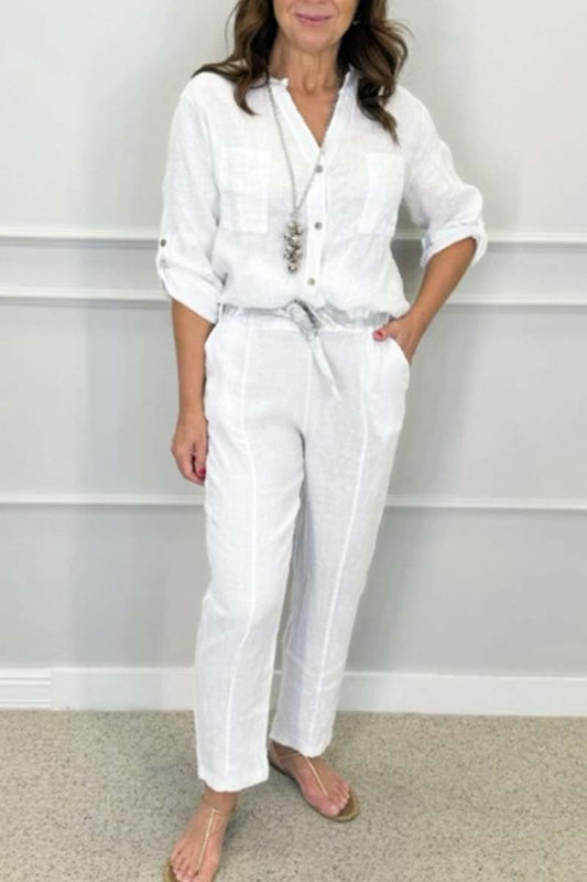 Casual sequined patchwork pocket cotton and linen two-piece set White