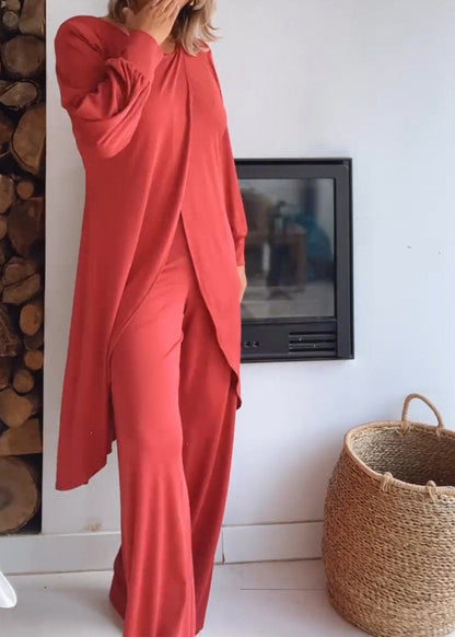 Round Neck Long Cardigan and Trousers Suit red