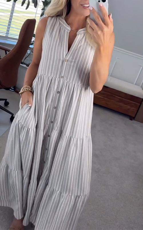 Women's V-neck Solid Color Sleeveless Striped Dress