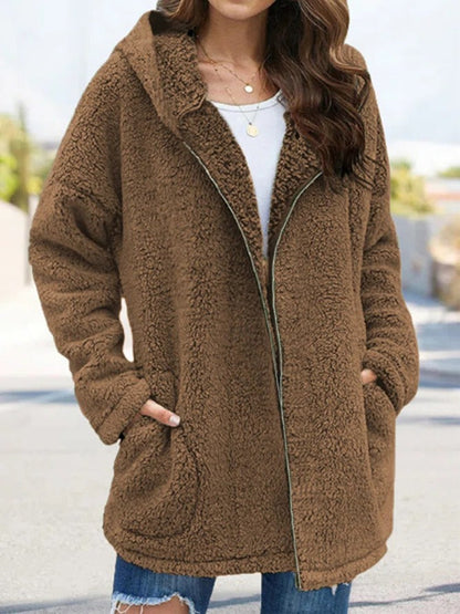 Women Autumn Winter Causal Daily Plush Fleece Zipper Long Sleeve Teddy Coat Khaki