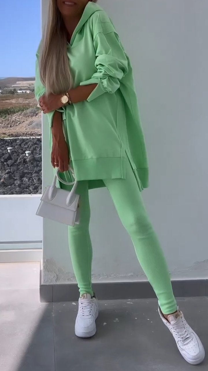 Two-piece Slit Hooded Sweatshirt Set green