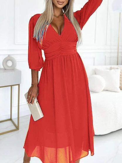 V-neck Mid-sleeve Dress coral