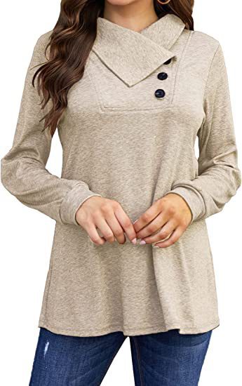 Solid color loose long-sleeved T-shirt Khaki