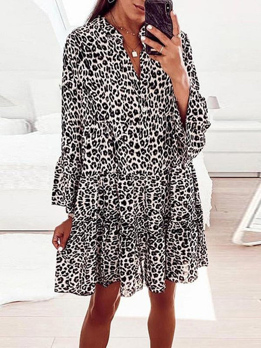 Printed long-sleeved loose V-neck patchwork dress Black