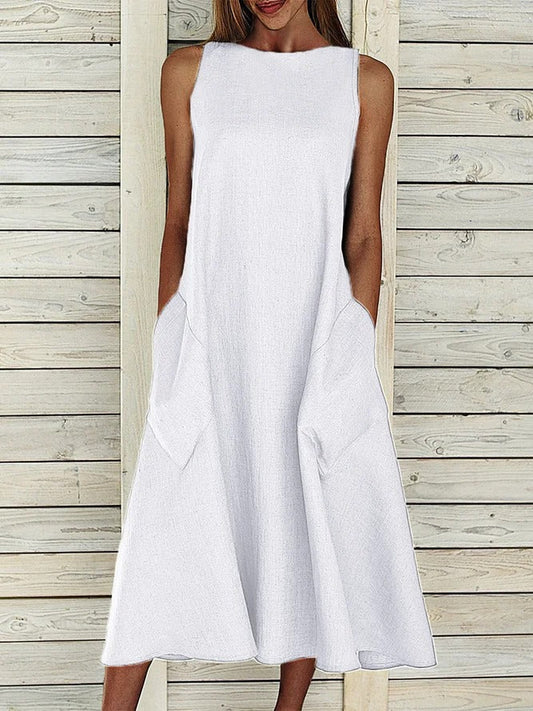 Summer Maxi Pockets Solid Sleeveless Crew Neck Dress White