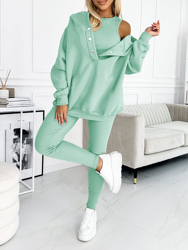 Hooded Casual and Comfortable Sweatshirt Suit cyan Sweater + Vest + Pants