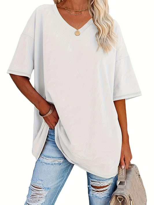 Solid V Neck T shirt Plus Size Casual Half White