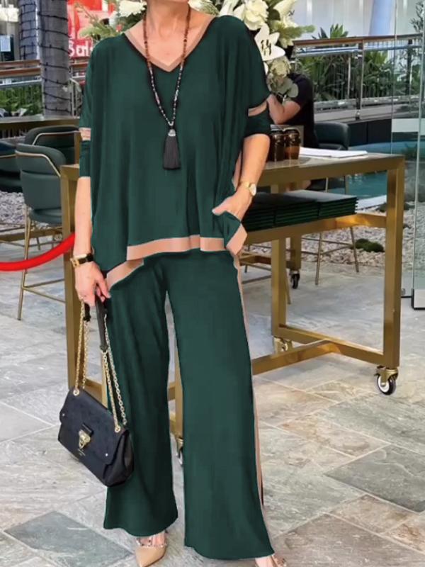 Summer V-neck patchwork 3/4 sleeve two-piece suit Green